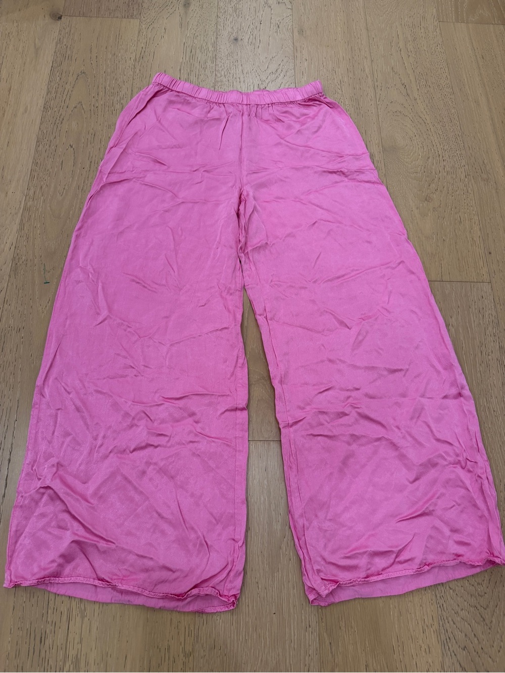 PJ Harlow Mo-Crop Pink Elastic Waist Satin Wide-Leg Pajama Bottoms XS